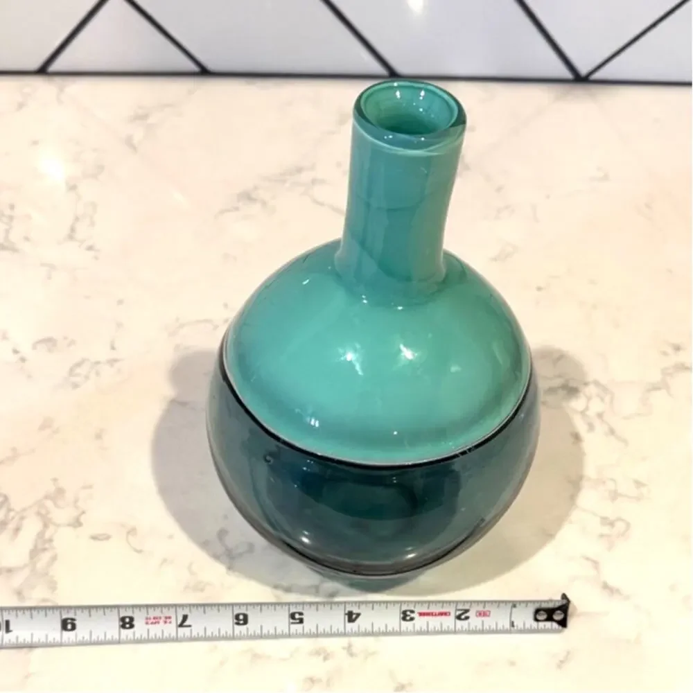 West Elm Vitreluxe Hand Blown Glass Vase in a green/teal mid century modern